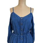 The Kooples  Mini Dress Blue Denim Button Front Off Shoulder Long Sleeve Photo 3
