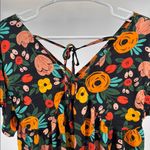 Entro  Floral babydoll Blouse M Black Orange Yellow Green colorful flowy silky Photo 2