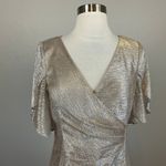Adrianna Papell Sparkly Short Sleeve V-Neck Long Evening Gown Gold Size 8 Dress Photo 6