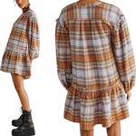 Free People  Alexa Plaid Mini Dress Long Sleeve‎ Ruffle Hem Button Front Size XS Photo 1