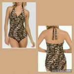 Aqua Green NWT  Brown Animal Print High Back Low Thigh 1 Piece Swimsuit Medium Photo 1