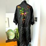 Vintage Golden Bee Black Rayon Robe Kimono w/ Bonsai Willow Pagoda Embroidery sm Photo 1