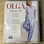 Olga Pajama Set Womens Medium Green Solid Short Sleeve Shirt Striped Satin Pants Photo 1