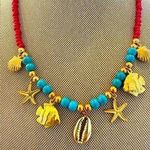 Blue Turquoise Color Stainless Steel Fish Shell Pendant Red Bead Neck Photo 0