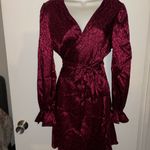 SheIn Woman’s Wrap Burgundy Red Satin Leopard animals print long sleeve Dress ~ NWTS Photo 5