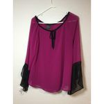 PJK Tunic Blouse Tie Neck Long Sleeve Flowy Magenta Black Trim Size M (276) Purple Size M Photo 9