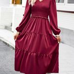 NEW Wine Red Smocked Bodice V Neckline Tiered A line Midi Dress Size Small Photo 1