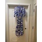 Mango MNG Dress Womens 10 Blue White Tie Dye Midi Boho Short Sleeve Waist Tie Tiered Photo 3
