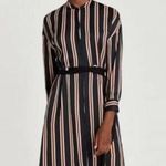 ZARA Striped Belted satin Tunic/Shirt Dress side pockets Black Brawn Size Small Photo 1