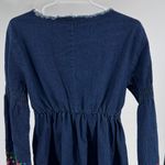 Reborn Denim Blue mini Dress embroidered Floral bell Sleeve tunic raw hem boho L Size L Photo 2