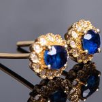 24K Gold Plated Diamond Blue Gemstone Sapphire Stud Earrings for Women Photo 1