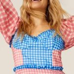Slate + Willow Gingham Mini Dress Sweetheart Neckline Milkmaid Pink Blue size 10 Photo 3