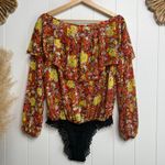 Free People bodysuit floral ruffled long sleeve bell sleeve polka dot chiffon XS Photo 5