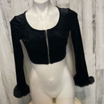 XS Black Velvet Zip Front Crop Top w/ Fur Cuff Sleeves | Long Sleeve Party Top Black Photo 0