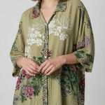 Citron 100% Silk Floral Print Short Sleeve Button Down Blouse Sage Green Medium Photo 0