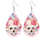 Pink Rose Flower Skull Print Dangle Halloween Earrings Bohemian‎ Faux Leather Photo 8