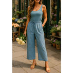 Basic Editions Floral Embroidered Chambray Denim Pants L Cottagecore Boho Lounge Blue Size 2X Photo 1