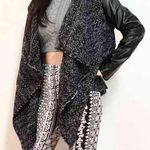 Leather Sleeves Knitted Knit Sweater Cardigan Black Photo 0