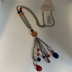 kim rogers Long Station & Tassel Necklace Silver Tone w Orange & Blue Beads Photo 2