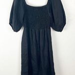 Aura Classic Black 100% Linen Smocked Top Puff Elastic Cuff Sleeve Dress Medium Photo 0