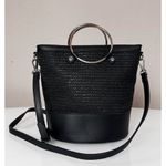 BCBG Andie Black Straw Faux Leather Bucket Bag Handbag Purse Photo 2