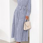 Dowerme Women's Long Sleeve Button Up Floral Print Belted Tiered Boho Maxi Dress Blue Size L Photo 5