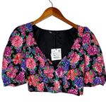 ZARA NWT  Floral Cropped Top Plunging Neck Puff Half Sleeves S Black Pink Purple Photo 1