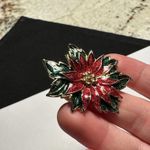 Signed SFJ Red / Green Enamel Poinsettia Flower Christmas Gold Tone Brooch Pin Photo 7