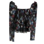 Peter Som Ruched Smocked Tie Sweetheart Long Sleeve Black Floral Peplum Top Sz 2 Photo 14