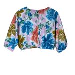 NWT Aureum Crop Top Womens M Pink Floral Puff Sleeve 100% Cotton Coastal Beachy Blue Size M Photo 3