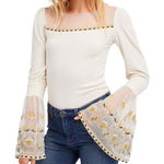 Free People  Small Top Ivory Embroidered Bell Sleeve‎ Flared Boho Dramatic 696 Photo 0