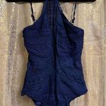 Becca Navy Blue Prairie Rose One Piece Crochet Halter Neck Swimsuit XL Photo 0