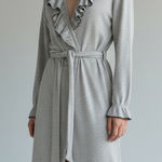 Chaser  Ruffle Trim Belted Cardigan Medium Gray Ribbed Knit Longline Open Front Photo 0
