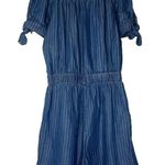 ZARA blue denim Romper white stripe off shoulder pockets women sz XS Photo 3