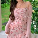 Korean Y2K Cottage Pastel Baby Pink Thin Crop Ribbon Tie Cardigan Size XS Photo 2