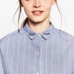 ZARA Embroidered Eyelash Striped Button Down Blue/White Long Sleeve Top Photo 4