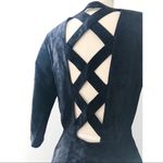 vintage • 1980s black suede leather dress sheath plunge neck criss cross open Photo 14