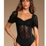 Lulus Womens Feeling Flirtatious Floral Lace Puff Sleeve Bustier Bodysuit Size M Black Size M Photo 1