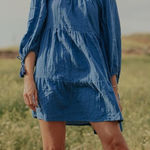 Cleobella  Neha Mini Dress Blue‎ Long Sleeve Tasseled Cotton Size Medium Photo 0