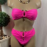 Hot Pink & Gold Metal Trim Strapless Bikini 2 Piece Swim Bathing Suit NEW M Size M Photo 0