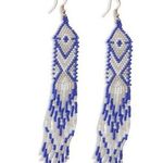 MYRA Blue & White Boho Tribal Long Tassel Glass Seed Bead Dangle Earrings Photo 0