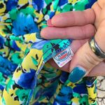 Vintage floral secretary blouse with kitten bow bold blue yellow green floral Size M Photo 2