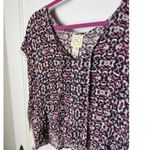 belle du jour Kimono Top Women's XS Red Blue Ditsy Floral Flowy V-neck Crochet Photo 2