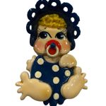 Vintage Baby Brooch Pin – Pacifier, Blue Bonnet & Polka Dot Romper – Figural 2″ Photo 0