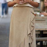 Vintage Moda International Genuine Leather Ruffle Midi Skirt Tan Photo 0