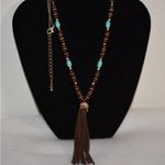 Source Unknown Western Brown/Aqua Wood Beads Leather Tassel Gold Tone Spacers Necklace Photo 1
