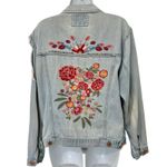 Forever 21 Blue Denim Pink Orange Floral Embroidered Distressed Jean Jacket sz M Photo 4