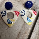 Vintage Nautical Anchor Sailboat Earrings Blue White Triangle Dangle Retro Photo 2