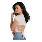 Windsor Small/ XL One Size Lace-Up Sexy Open Back Pink Ribbed Knit short sleeve Crop Top Photo 2