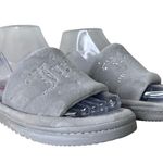 Juicy Couture Women’s Faux Fur Slippers M Gray Logo Plush Slide Rhinestone Cozy Photo 1